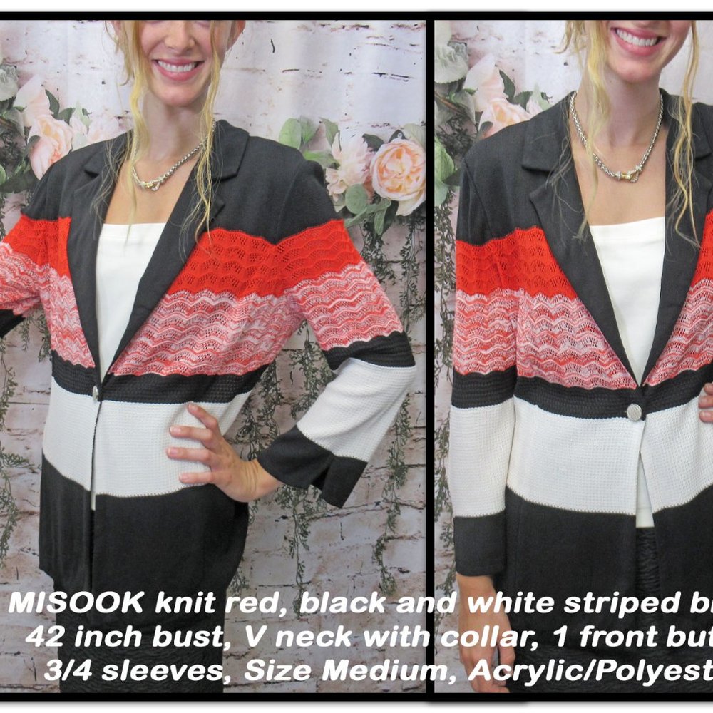 MISOOK knit blazer, Red/black/white striped, V neck with collar, 1 front button